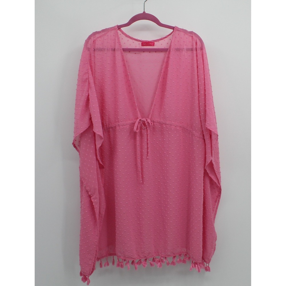 Boho Chic Sheer Kimono Swimsuit Cover Up Pink Tasseled Trimβ 3XL Coastal PomPoms